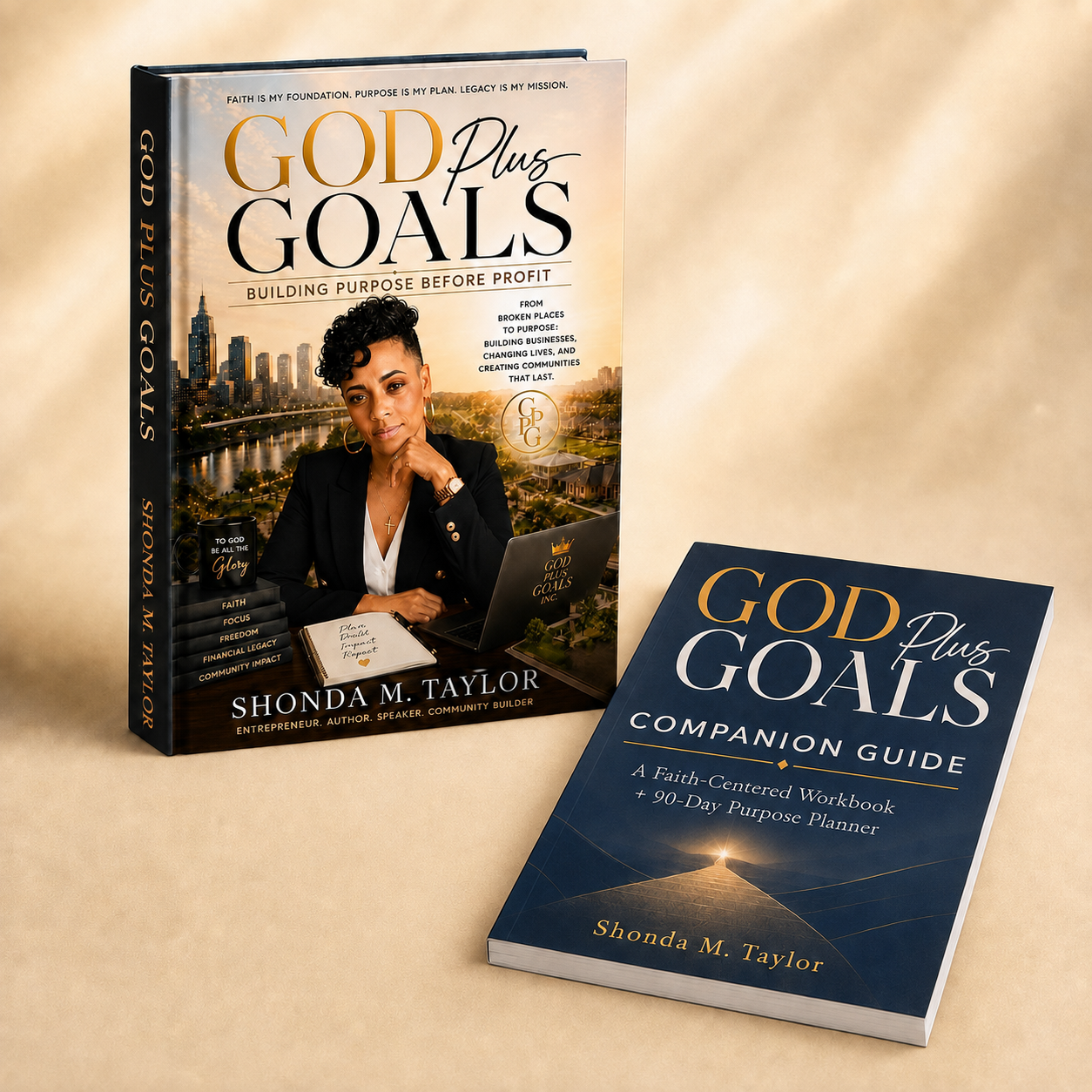 God Plus Goals hardcover book alongside the God Plus Goals Companion Guide workbook