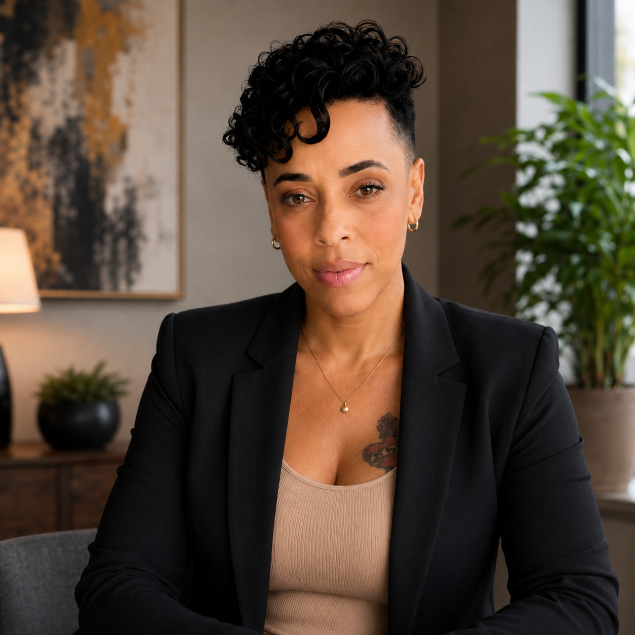 Shonda M. Taylor, author of God Plus Goals, in a black blazer with a gold necklace, seated in a modern office
