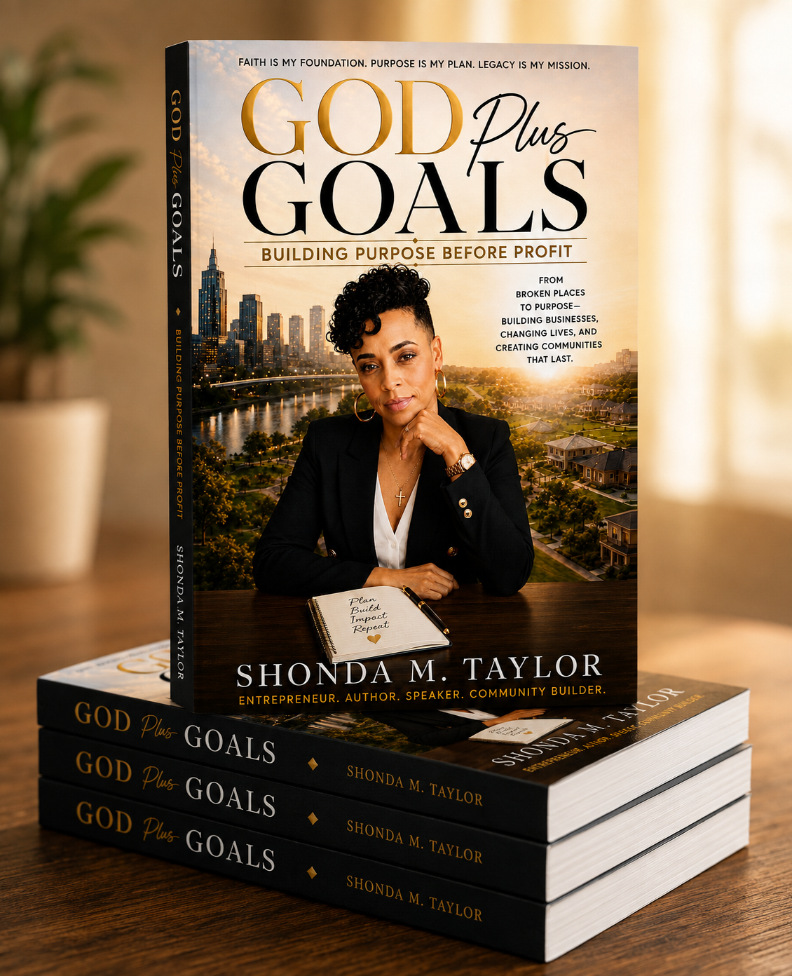 God Plus Goals hardcover book by Shonda M. Taylor displayed upright on a stack of matching hardcovers