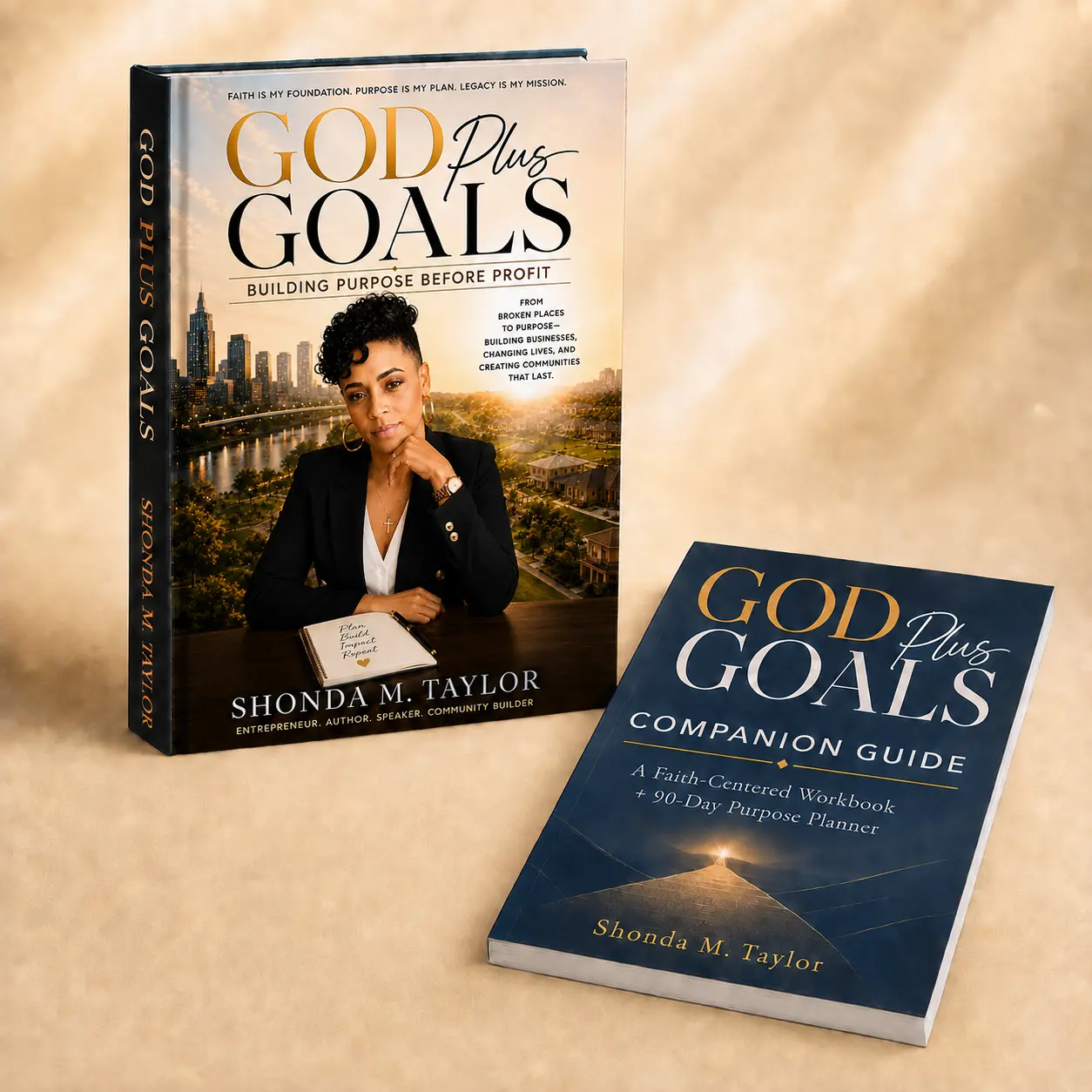 God Plus Goals paperback by Shonda M. Taylor beside the God Plus Goals Companion Guide workbook