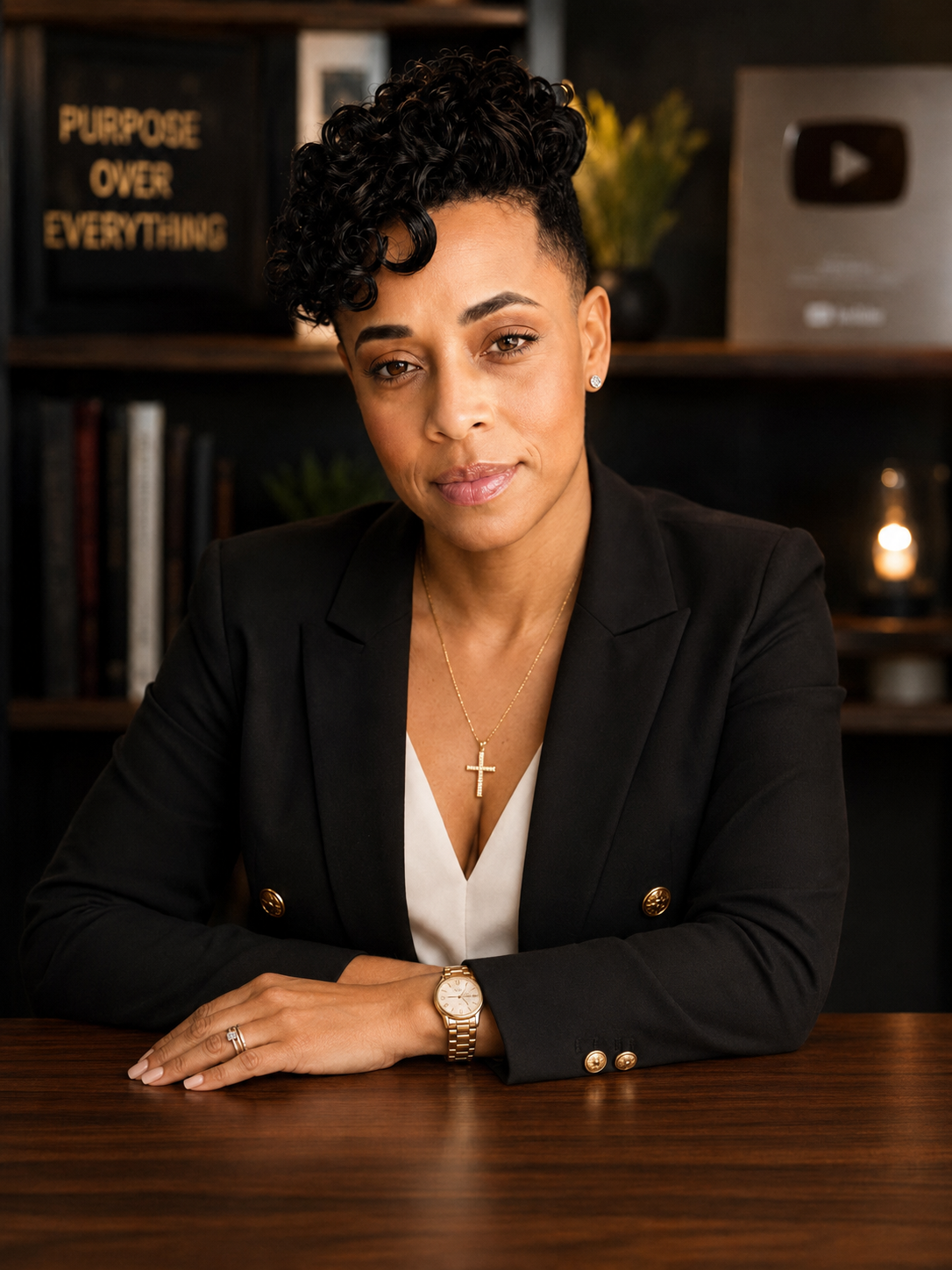 Shonda M. Taylor seated at her desk in a black blazer with a gold cross necklace